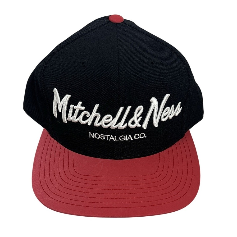 Mitchell & Ness Nostalgia Co Script Logo Hi Crown Fitted Hat 7 3/8 Black Red NEW